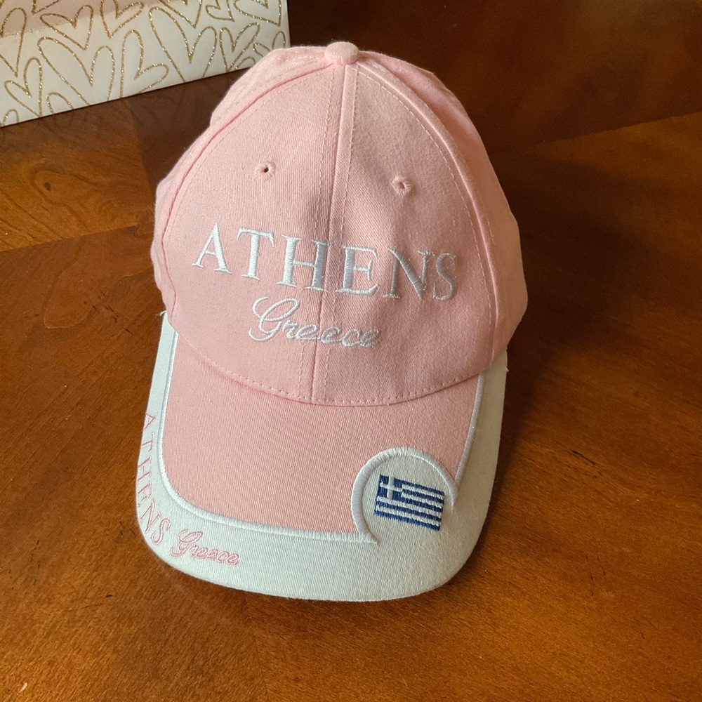 Pink and White Athens Greece Baseball Cap, Adjustable, EUC